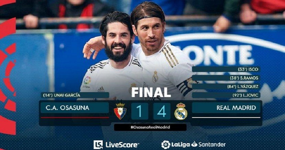 Real Madrid derrota a Osasuna 4-1 para mantenerse a la cabeza en LaLiga Santander